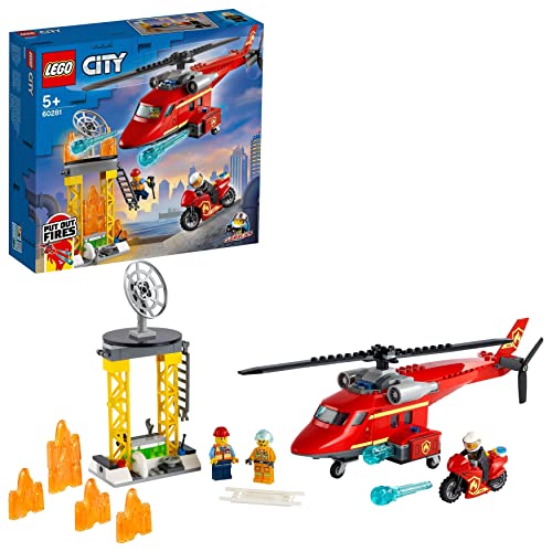 LEGO 60281 City Fire Helicóptero de Rescate de Bomberos, Juguete con Moto, Minifiguras de Bombero y Piloto