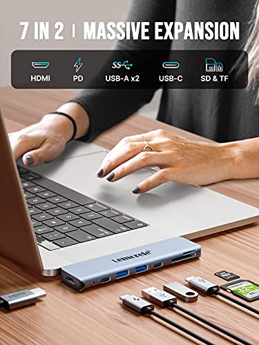 Lemorele Hub USB C Adaptador MacBook Pro/Air M1, 7 en 2 Aluminio Espacial Adaptador USB C Hub con HDMI 4K, 2 USB 3.0, PD100W, SD/TF, USB-C, para MacBook Pro M1 2020 - 2016, MacBook Air M1 2020 - 2016