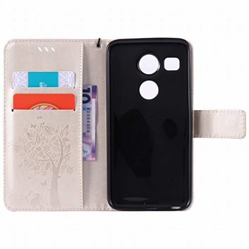LEMORRY para LG Nexus 5X Case Leather Flip Wallet Pouch Slim Fit Protection Magnetic Strap Stand Card Slot Soft TPU Cover for LG Nexus 5X, Lucky Tree Champagne Gold