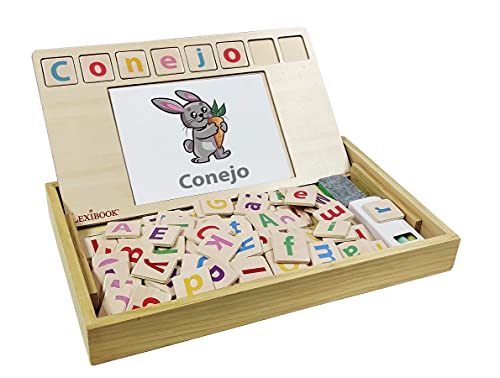 LEXIBOOK- Bio Toys Escuela De Palabras, Bilingüe Inglés/Español Madera, 50 Tarjetas, Alfabeto, Juego Educativo, EDU100i2, Multicolor