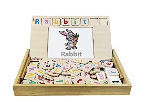 LEXIBOOK- Bio Toys Escuela De Palabras, Bilingüe Inglés/Español Madera, 50 Tarjetas, Alfabeto, Juego Educativo, EDU100i2, Multicolor
