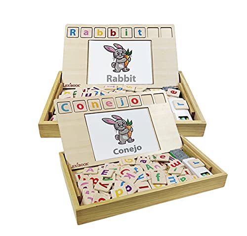 LEXIBOOK- Bio Toys Escuela De Palabras, Bilingüe Inglés/Español Madera, 50 Tarjetas, Alfabeto, Juego Educativo, EDU100i2, Multicolor