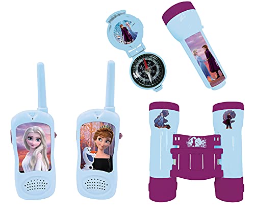 LEXIBOOK- Frozen - Juego Completo de Aventuras para Niños, Walkie-Talkies 120m, Prismáticos, Brújula, Linterna