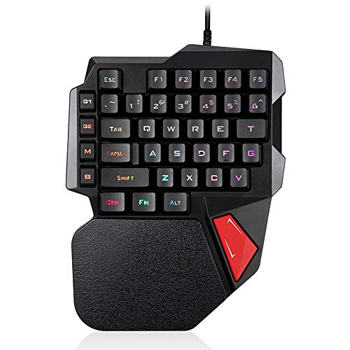 LexonElec K108 Teclado de juego de una sola mano K108 Teclado de juego con cable 38 teclas 3 colores LED retroiluminado USB Multimedia de una mano Teclado de gamer con reposamuñecas para PC
