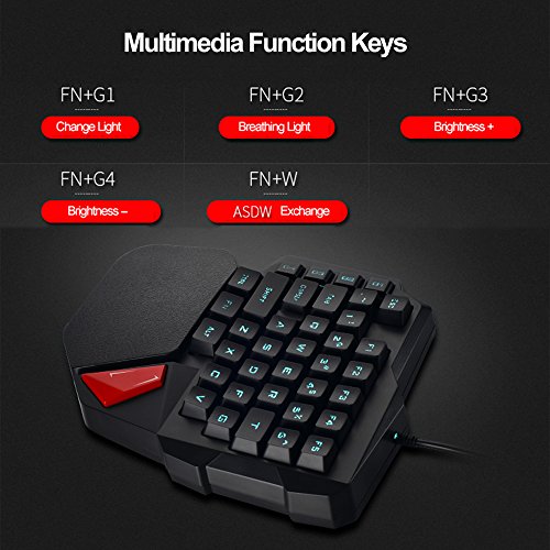 LexonElec K108 Teclado de juego de una sola mano K108 Teclado de juego con cable 38 teclas 3 colores LED retroiluminado USB Multimedia de una mano Teclado de gamer con reposamuñecas para PC
