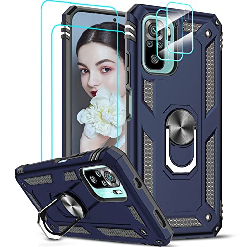 LeYi Funda para Xiaomi Redmi Note 10 4G / Redmi Note 10S con 2 Piezas Vidrio Templado y 2 Piezas Protectores Lente Cámara,Armor Carcasa con 360 Anillo Soporte Hard PC y Silicona Antigolpes Case,Azul