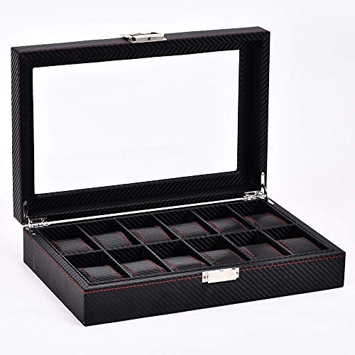 LHQ-HQ Mira la Caja 12 Ranuras Relojes de Madera con Cerradura Mostrar Cuadro de Almacenamiento con Tapa de Vidrio exhibición del Reloj (Color: Negro, Tamaño: 33x21.5x8cm) (Color : Black)