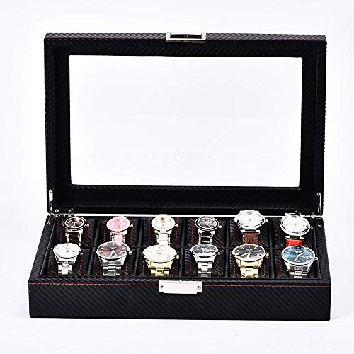 LHQ-HQ Mira la Caja 12 Ranuras Relojes de Madera con Cerradura Mostrar Cuadro de Almacenamiento con Tapa de Vidrio exhibición del Reloj (Color: Negro, Tamaño: 33x21.5x8cm) (Color : Black)