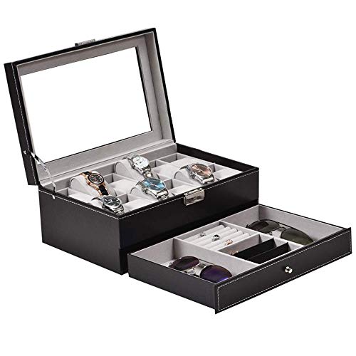 LHQ-HQ Mira la caja 2 capas de 12 ranuras de joyería relojes de visualización de cristal con cerradura tapa de la caja de almacenamiento con joyería Cajón Negro exhibición del reloj (Color: Negro, Tam