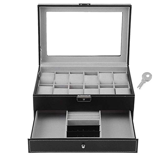 LHQ-HQ Mira la caja 2 capas de 12 ranuras de joyería relojes de visualización de cristal con cerradura tapa de la caja de almacenamiento con joyería Cajón Negro exhibición del reloj (Color: Negro, Tam