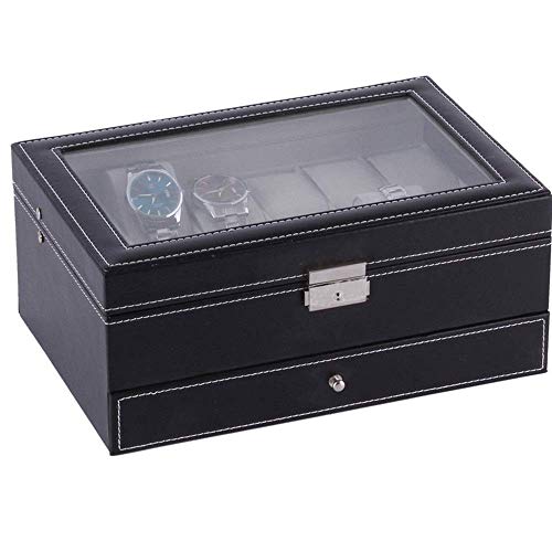 LHQ-HQ Mira la caja 2 capas de 12 ranuras de joyería relojes de visualización de cristal con cerradura tapa de la caja de almacenamiento con joyería Cajón Negro exhibición del reloj (Color: Negro, Tam
