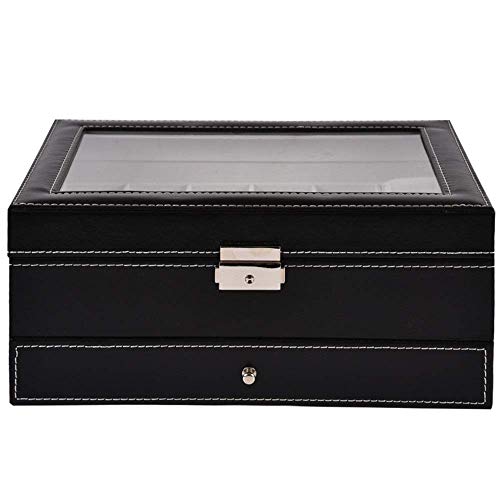 LHQ-HQ Mira la caja 2 capas de 12 ranuras de joyería relojes de visualización de cristal con cerradura tapa de la caja de almacenamiento con joyería Cajón Negro exhibición del reloj (Color: Negro, Tam