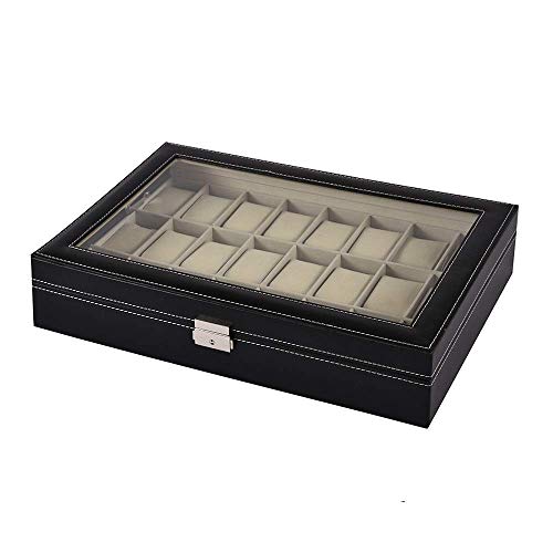 LHQ-HQ Mira la Caja 24 Ranuras Relojes de Madera con Cerradura Mostrar Cuadro de Almacenamiento con Tapa de Vidrio de Reloj de Cuero de la PU de visualización (Color: Negro, Tamaño: 33x20x8cm)