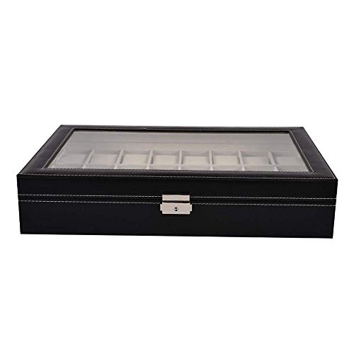 LHQ-HQ Mira la Caja 24 Ranuras Relojes de Madera con Cerradura Mostrar Cuadro de Almacenamiento con Tapa de Vidrio de Reloj de Cuero de la PU de visualización (Color: Negro, Tamaño: 33x20x8cm)