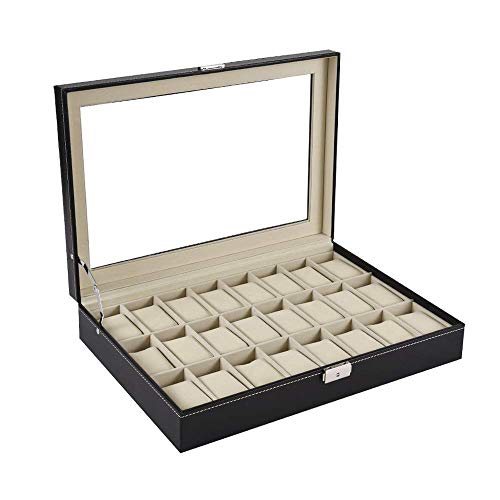 LHQ-HQ Mira la Caja 24 Ranuras Relojes de Madera con Cerradura Mostrar Cuadro de Almacenamiento con Tapa de Vidrio de Reloj de Cuero de la PU de visualización (Color: Negro, Tamaño: 33x20x8cm)