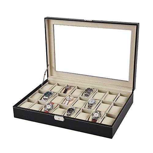 LHQ-HQ Mira la Caja 24 Ranuras Relojes de Madera con Cerradura Mostrar Cuadro de Almacenamiento con Tapa de Vidrio de Reloj de Cuero de la PU de visualización (Color: Negro, Tamaño: 33x20x8cm)