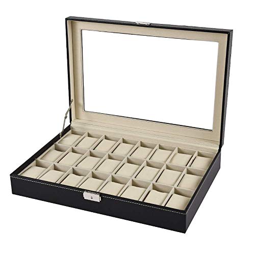 LHQ-HQ Mira la Caja 24 Ranuras Relojes de Madera con Cerradura Mostrar Cuadro de Almacenamiento con Tapa de Vidrio de Reloj de Cuero de la PU de visualización (Color: Negro, Tamaño: 33x20x8cm)