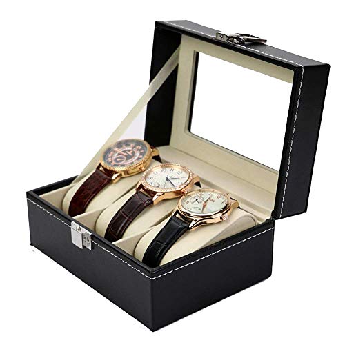 LHQ-HQ Mira la Caja 3 Relojes Slots Mostrar Cuadro con Cerradura de Almacenamiento con Tapa de Vidrio de Reloj de Cuero de la PU Caja de exhibición del Reloj (Color: Negro, Tamaño: 16x12x8cm)