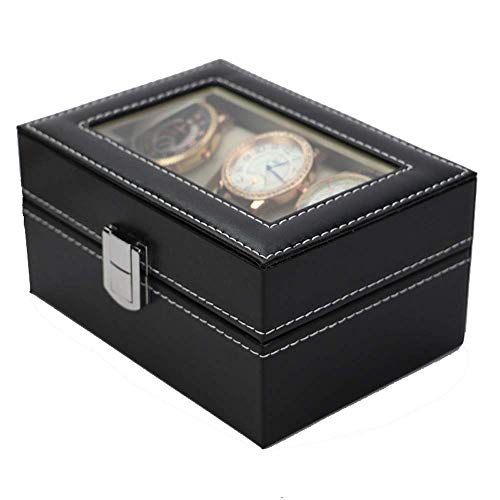 LHQ-HQ Mira la Caja 3 Relojes Slots Mostrar Cuadro con Cerradura de Almacenamiento con Tapa de Vidrio de Reloj de Cuero de la PU Caja de exhibición del Reloj (Color: Negro, Tamaño: 16x12x8cm)