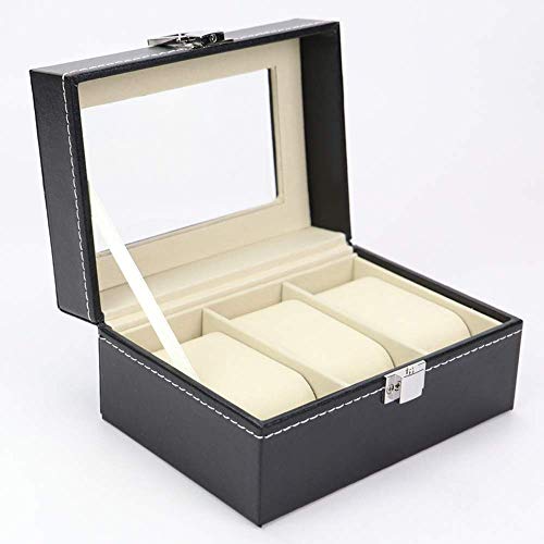 LHQ-HQ Mira la Caja 3 Relojes Slots Mostrar Cuadro con Cerradura de Almacenamiento con Tapa de Vidrio de Reloj de Cuero de la PU Caja de exhibición del Reloj (Color: Negro, Tamaño: 16x12x8cm)