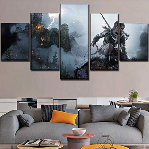 Lienzo 5 piezas Imagen de impresión modular Sala de estar Decoración para el hogar Póster de Lara Croft Rise Of The Tomb Raider Posters Arte de pared enmarcado 200x100cm