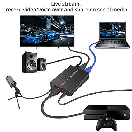 LiNKFOR Tarjeta de Captura de Juegos 4K Capturadora de Video en Vivo 1080p HDMI a USB 3.0 Captura de Juegos con Mic IN HDMI Audio out Soporte Windows 7 8 10 Mac OS Youtube OBS Twitch PS3 Wii U