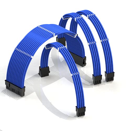 LINKUP - 30cm Cable con Manguito - Prolongación de Cable para Fuente de Alimentación con Kit de Alineadores┃1x 24P (20+4) MB┃1x 8P (4+4) CPU┃2X 8P (6+2) GPU┃300mm - Azul