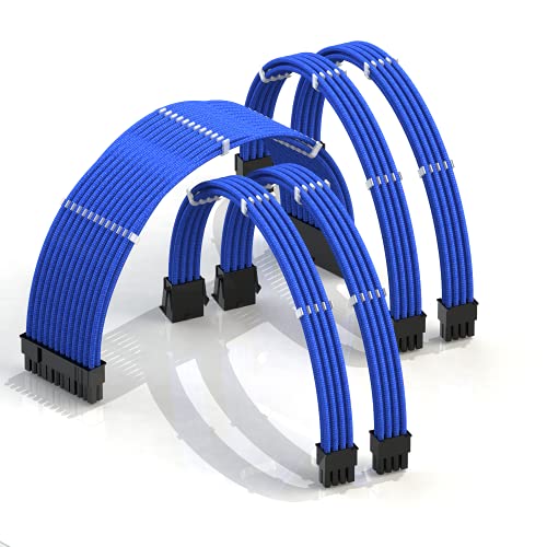 LINKUP - 30cm Cable con Manguito - Prolongación de Cable para Fuente de Alimentación con Kit de Alineadores┃1x 24P (20+4) MB┃2X 8P (4+4) CPU┃2X 8P (6+2) GPU┃300mm - Azul