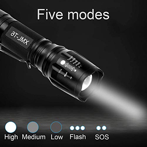 Linterna LED,2000 Lúmenes Alta Potencia XML-T6 Antorcha de Mano,linterna recargable USB de la linterna LED portátil,5 Modos Zoomable Impermeable Táctica(2 x 18650Batería incluidas)