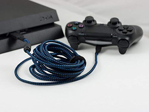 LIONCAST 2X Cable de Carga del Controlador para Xbox One y PS4, 4 Metros con protección de Cubierta Textil y Correa Organizador de Cable, Micro USB 2.0 - Azul y Negro