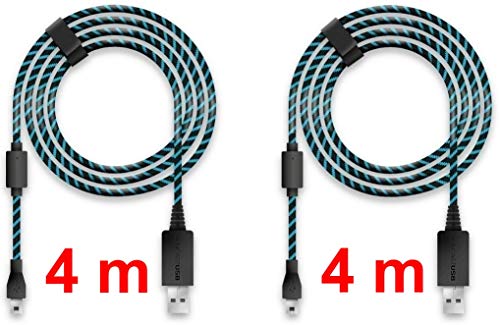 LIONCAST 2X Cable de Carga del Controlador para Xbox One y PS4, 4 Metros con protección de Cubierta Textil y Correa Organizador de Cable, Micro USB 2.0 - Azul y Negro