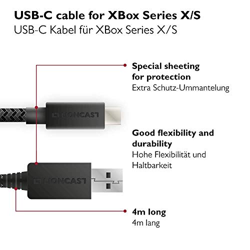 Lioncast Cable de carga rápido para Xbox/PS5, 4 m, para Xbox Series S (XSS), Xbox Series X (XSX) y Sony PlayStation 5, cable de controlador PS 5 para controlador DualSense, con revestimiento de nailon