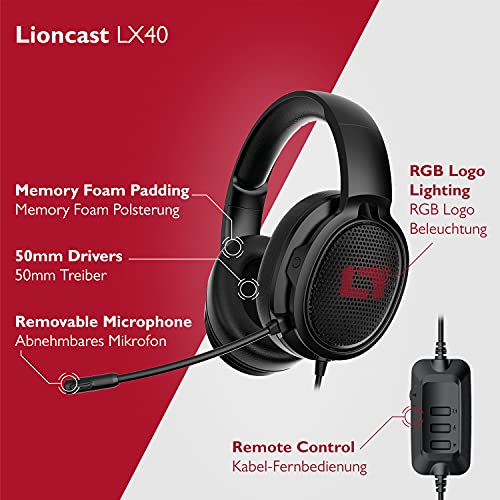 Lioncast Cascos Gaming LX40 con USB - Auriculares con Sonido Envolvente 7.1, Control en Línea, LED RGB, Micrófono - Compatible con PS4, PS5, Ordenador de Juegos y Portátil - Almohadillas Cómodas