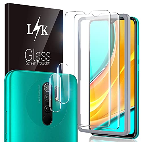 LϟK 4 Pack Protector de Pantalla Compatible con Xiaomi Redmi 9 con 2 Pack Cristal Vidrio Templado y 2 Pack Protector de Lente de Cámara - Sin Burbujas Doble Protección Kit Fácil instalación