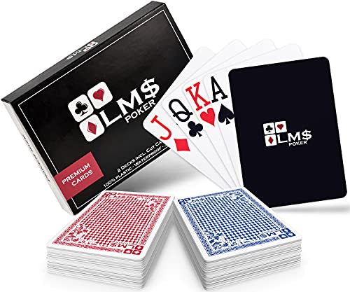 LMS Cartas de Póquer Plásticas con tarjeta de corte incluida - [2 x] juegos de 54 cartas - paquete doble en azul y rojo, impermeable y estable, cartas de juego profesionales en calidad de casino