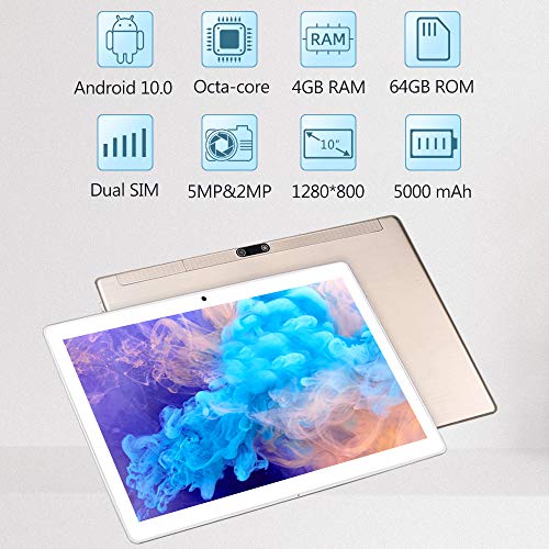 LNMBBS N10 Tablet 10" FHD, Octa-Core, 4G LTE Tablet Android 10.0, 4GB RAM, 64GB ROM, 1280 * 800 IPS, Tableta com Dual Camara, Dual/SIM/GPS/PTG/Bluetooth, (Gold)