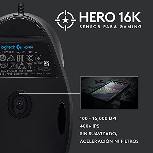 Logitech G MX518 Ratón Gaming con Cable, Captor HERO 25K, 25,600 DPI, ARM Procesador, 8 Botones programables, Compatible con PC/Mac - Negro/Gris