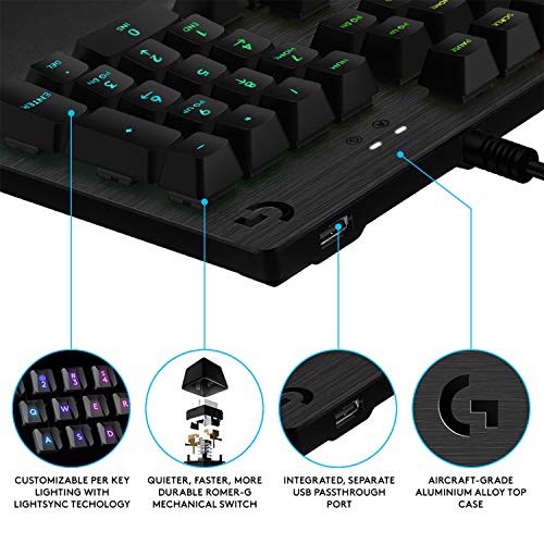 Logitech G512 SE Teclado Gaming Mecánico, Retroiluminado RGB LIGHTSYNC, Interruptores GX Blue, Aleación de Aluminio 5052, Teclas de Función, Conexión de Paso de USB, Disposición QWERTY, color Negro