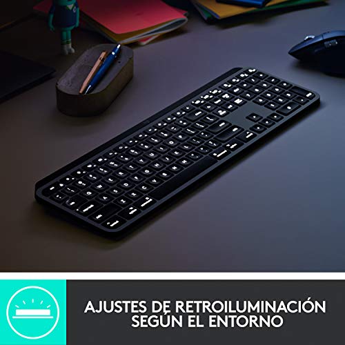 Logitech MX Keys Advanced Teclado Inalámbrico con Retroiluminación para Mac y iPad, y Funcionalidad Adaptativa, Teclas LED retroiluminadas, USB-C, Batería 10 días, Disposición QWERTY Español, Gris