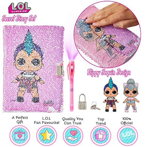 L.O.L. Surprise! Libretas Bonitas de Lentejuelas Reversibles, Diario Secreto con Candado y Boligrafo Espia, Cuaderno Pequeño Con las Muñecas Lol, Regalos Para Niñas y Adolescentes