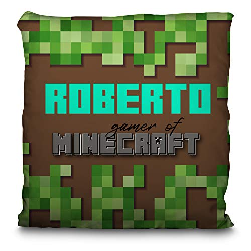 LolaPix Cojín Minecraf. Cojín Personalizado con Nombre. Regalo Friki Personalizado. Impresión 100% por Las Dos Caras. Relleno Incluido. Varios tamaños. Minecraf