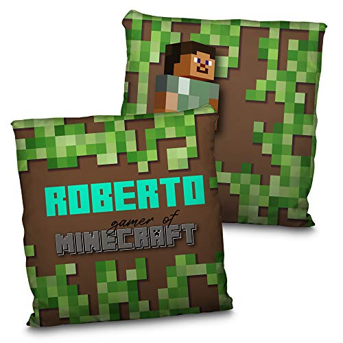 LolaPix Cojín Minecraf. Cojín Personalizado con Nombre. Regalo Friki Personalizado. Impresión 100% por Las Dos Caras. Relleno Incluido. Varios tamaños. Minecraf