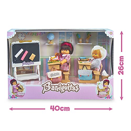 los Barriguitas - Escuela, juguete cole barriguitas clásicas, incluye 2 escritorios o pupitres, una pizarra y tizas, muñeca bebé de siempre y accesorios como cuadernos y lápices, Famosa (700016656)