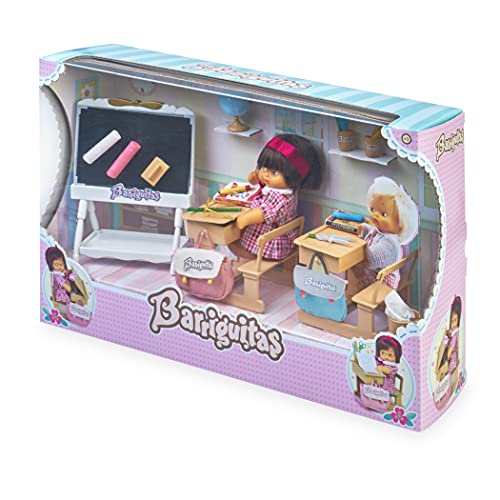 los Barriguitas - Escuela, juguete cole barriguitas clásicas, incluye 2 escritorios o pupitres, una pizarra y tizas, muñeca bebé de siempre y accesorios como cuadernos y lápices, Famosa (700016656)