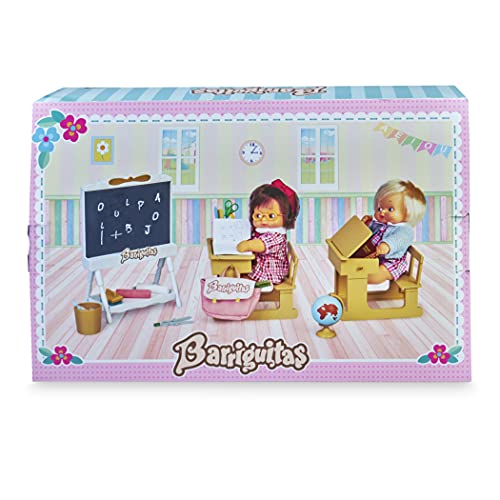los Barriguitas - Escuela, juguete cole barriguitas clásicas, incluye 2 escritorios o pupitres, una pizarra y tizas, muñeca bebé de siempre y accesorios como cuadernos y lápices, Famosa (700016656)