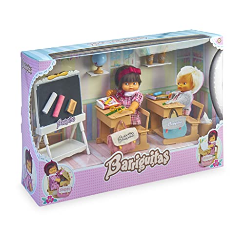 los Barriguitas - Escuela, juguete cole barriguitas clásicas, incluye 2 escritorios o pupitres, una pizarra y tizas, muñeca bebé de siempre y accesorios como cuadernos y lápices, Famosa (700016656)