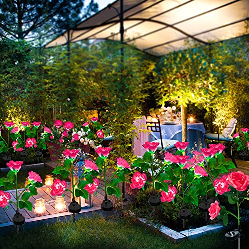 Luces Solares de Jardín, ZQX 2 PC Luz de Estaca Rosa Solar lámpara con 6 Flores Luz Solar Decorativa a Prueba de Lluvia IP65 al Aire Libre para Navidades, Festivales, Patio, Césped, Boda (Rosa)