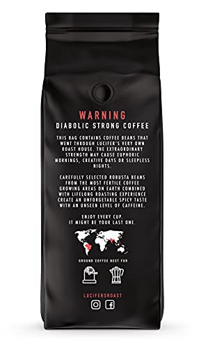 LUCIFER'S ROAST Espresso de KIQO de Italia - 500g café extremadamente fuerte - bajo en ácido - 100% Robusta - 571 mg de cafeína por taza (grano de café, 500g)