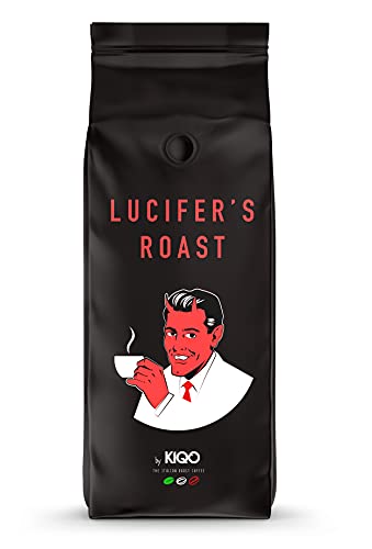 LUCIFER'S ROAST Espresso de KIQO de Italia - 500g café extremadamente fuerte - bajo en ácido - 100% Robusta - 571 mg de cafeína por taza (grano de café, 500g)