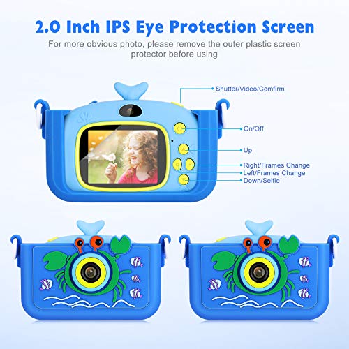 Luclay Cámara Digital para Niños, Selfie Video Cámara Infantil 2.0 Inch 20MP 1080P HD 32GB TF Tarjeta, Estuche para la Camara, Funda de Silicona, Clips de Fotos Niñas Regalos de cumpleaños (Azul 2)